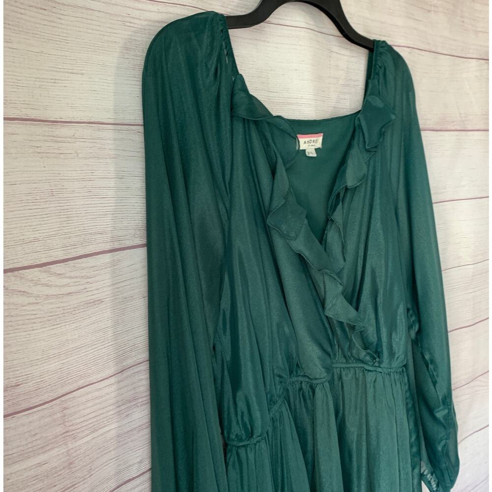 Andree by Unit Shimmery Forest Green Dress Sheer Long Sleeves Ruffle Size L - Picture 16 of 16